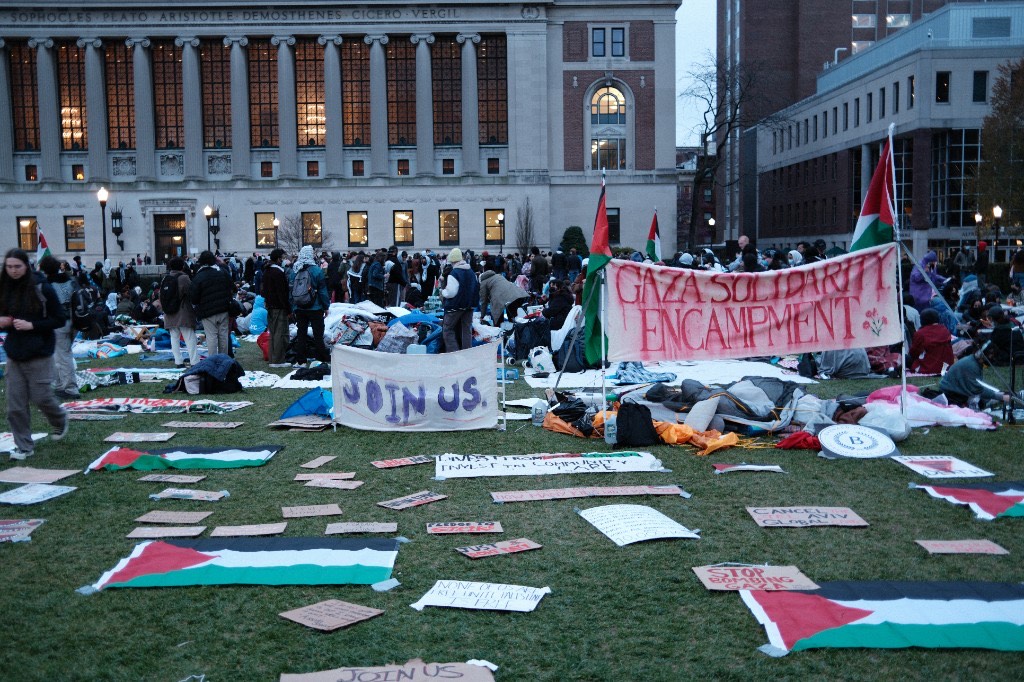 The Gaza Solidarity Encampment on the lawn in front of Butler Library at Columbia University